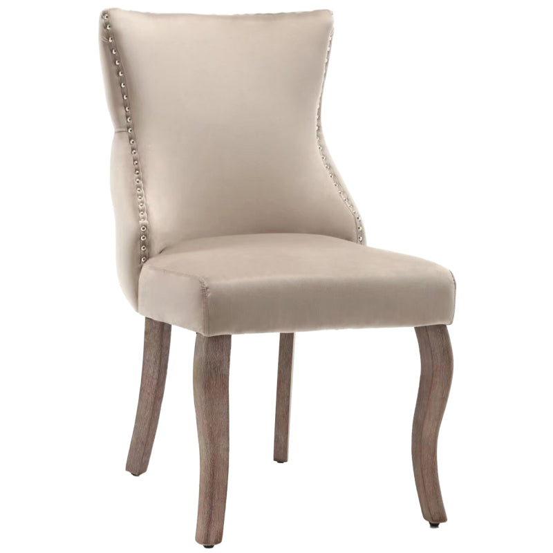 Eetkamerstoel – Woonkamerstoel – Gestoffeerde Stoel – Kuipstoel – Lounge Stoel – Beige Fluweel – Unieke Knoprug – Massief Houten Gebogen Poten