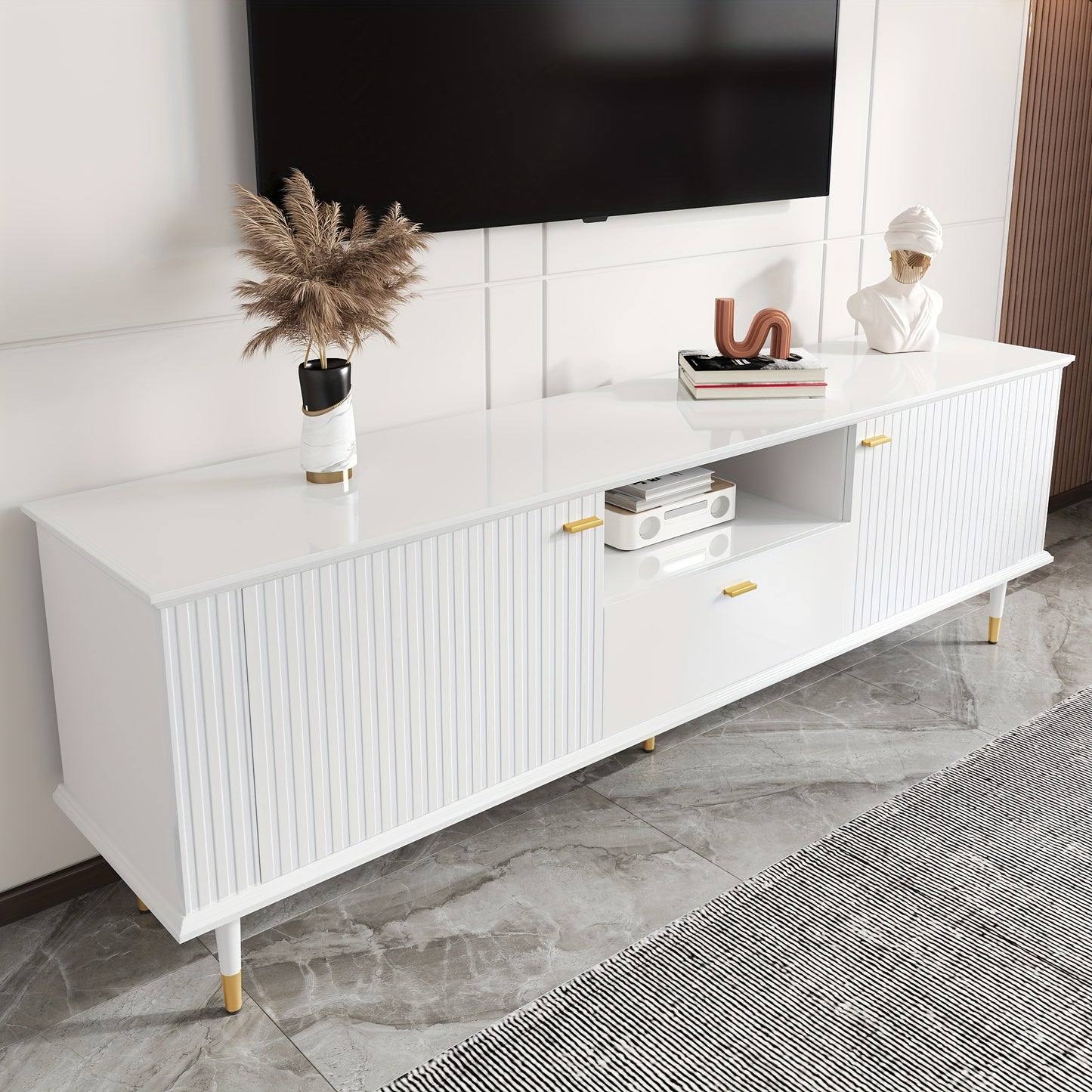 Modern White & Golden Metal TV Stand with Open Shelves & Drawers - Heavy-Duty Lacquered Textured Cabinet, Cushioned Hinges, Minimalist Media Console for Flat-Screen TVs, Easy Assembly (No Wood)