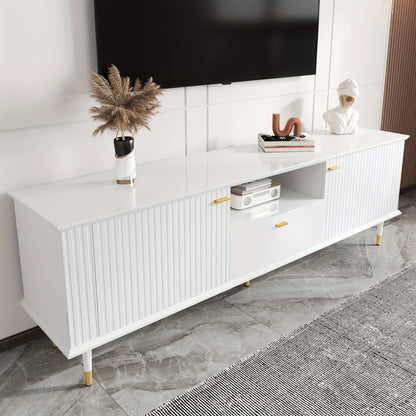 Modern White & Golden Metal TV Stand with Open Shelves & Drawers - Heavy-Duty Lacquered Textured Cabinet, Cushioned Hinges, Minimalist Media Console for Flat-Screen TVs, Easy Assembly (No Wood)