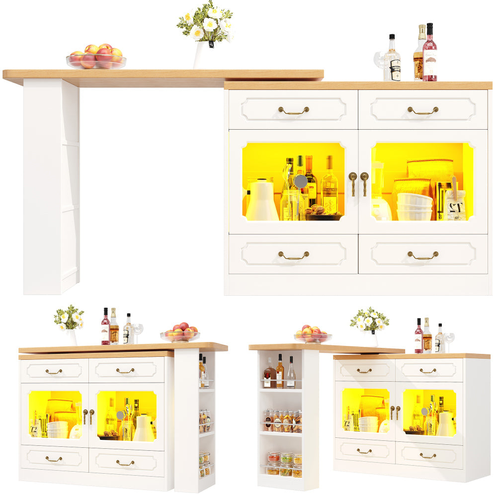 Uitschuifbare Bartafel – Barmeubel – Hoogtafel – Drinktafel – Bistrotafel – 360° Draaibaar Blad – Ruime Opbergruimte – Modern Wit Metaal & Glas – Compact & Verstelbaar 135-203 cm