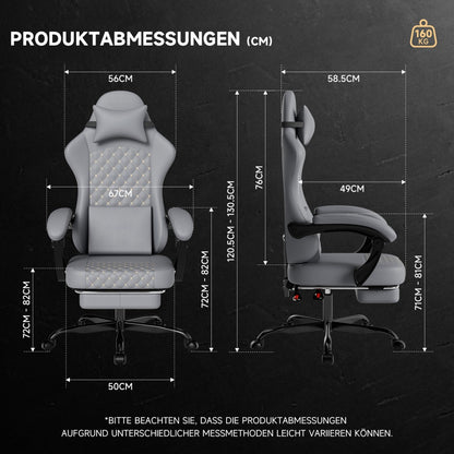 Gaming Chair in Leather with Massage Function and Footrest | Ergonomic Computer Chair for Gaming and Office Use, Supports up to 150kg, Enhances Comfort, Grey
