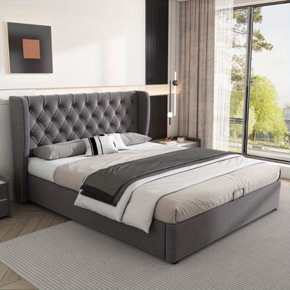 Bedbank – Slaapbank – Bedframe – Opbergbed – Logeerbed – Hydraulisch Opbergbed – Lattenbodem – 140x190 cm – Modern Grijs