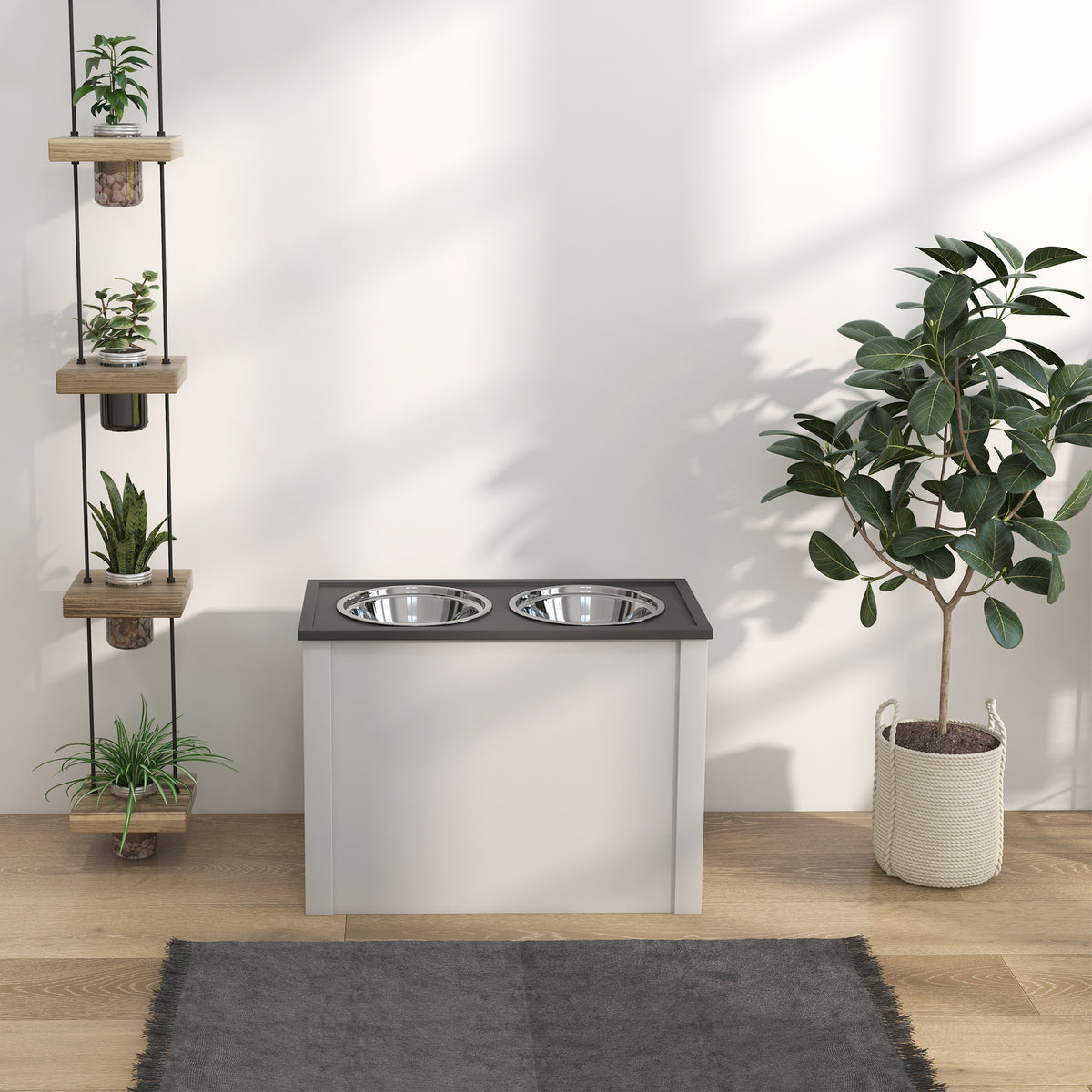 Verhoogde Voederplek – Voerstation – Huisdiervoerbak – Kattenvoerbak – Hondenvoerstation – Wit – RVS Voederbakken – Opbergruimte
