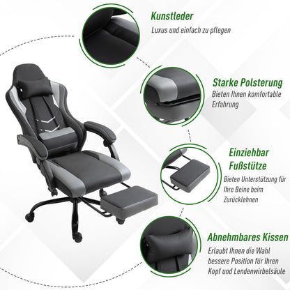 Ergonomische Gamingstoel – Bureaustoel – Draaistoel – Stoel Met Lendensteun – Gamingstoel Met Voetensteun – Verstelbare Rugleuning Tot 160 Graden – Hoogte Verstelbaar 62x52x128 cm – Zwart