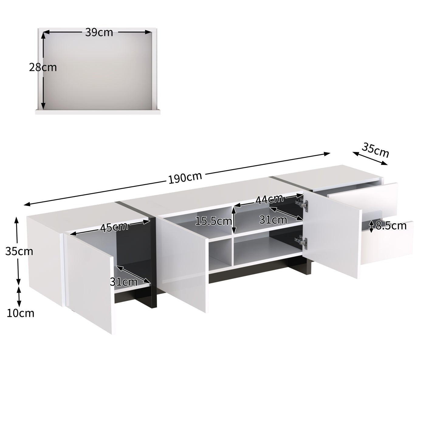 Tv-meubel – Tv-kast – Lowboard – Dressoir – Meubel – Hoogglans Wit Met Mat Zwarte Poot – 190 cm Breed Met 3 Deuren En 2 Lades