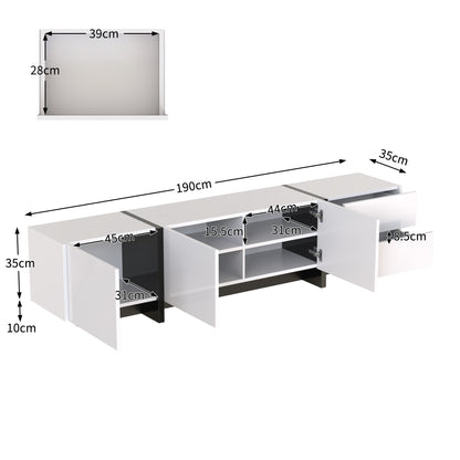 Tv-meubel – Tv-kast – Lowboard – Dressoir – Meubel – Hoogglans Wit Met Mat Zwarte Poot – 190 cm Breed Met 3 Deuren En 2 Lades