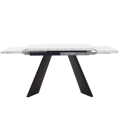 5-delige Eettafelset – Uitschuifbare Eettafel – Eetkamerset voor 4 Personen – Witte Tafel met Platte Poten – Grijze Velvet Stoelen – Ruimtebesparend – Comfortabel Ergonomisch Design