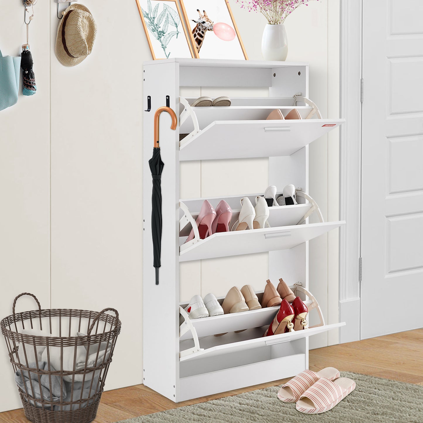 Schoenenkast – Schoenenrek – Schoenenopberger – Schoenenkastje – Schoenenkast met 3 Klapladen – Compact Design – Stevig Hout