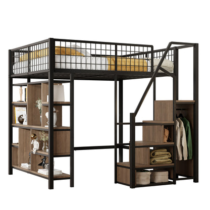 Bed – Bedframe – Bedden – Slaapbed – Stapelbed – Zwart – Metalen Frame – Opbergruimte – Trap – 140 x 200 cm
