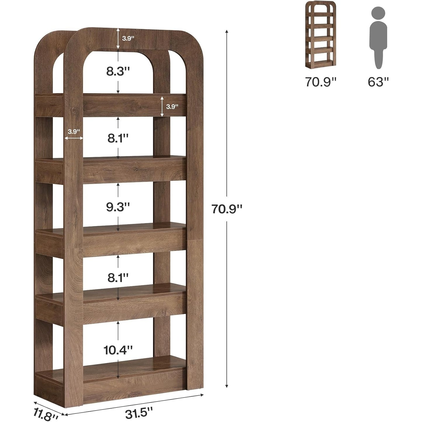 Boekenkast – Boekplank – Boekenrek – Open Kast – Smalle Boekenkast – Industrieel Design – 70,9 Inch Hoog – 5-Lagen Opbergruimte
