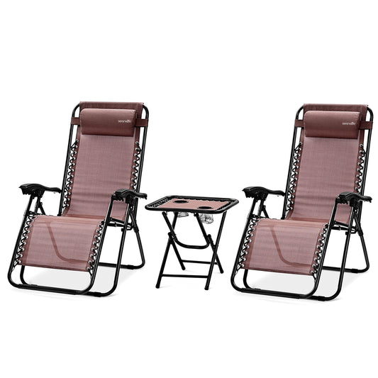 Outdoor Relaxstoelen – Tuinstoelen – Loungestoelen – Campingstoelen – Balkonstoelen – Met Bijzettafel En 2 Bekerhouders – Verstelbare Rugleuning En Inklapbaar Design – Mocha Bruin