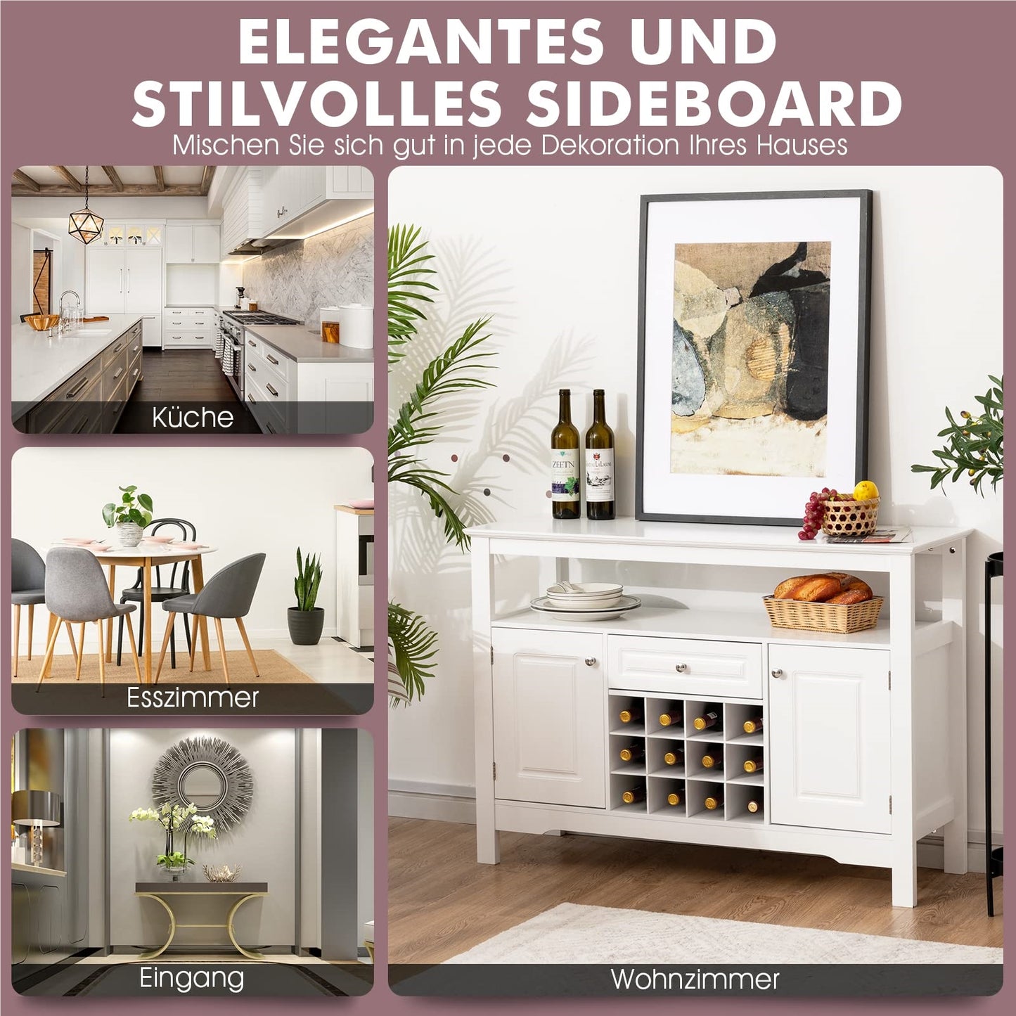 Buffetkast – Dressoir – Keukenkast – Opbergkast – Wijnkast – MDF Hout – 116 x 40 x 82 cm – Wit