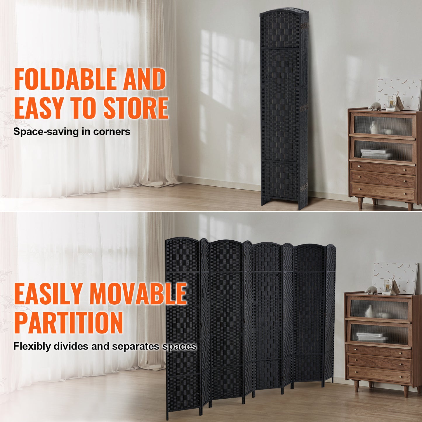 Kamerverdeler – Ruimteverdeler – Scheidingswand – Privacy Scherm – 6 Panelen – Paulownia Hout – Handgeweven Rattan – 360° Draaibaar – Zwart