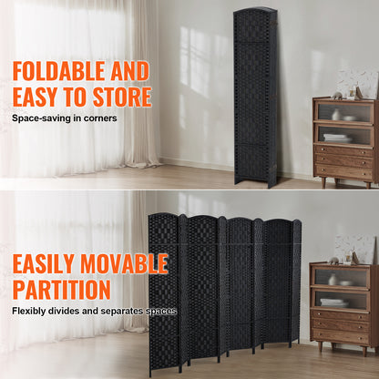 Kamerverdeler – Ruimteverdeler – Scheidingswand – Privacy Scherm – 6 Panelen – Paulownia Hout – Handgeweven Rattan – 360° Draaibaar – Zwart