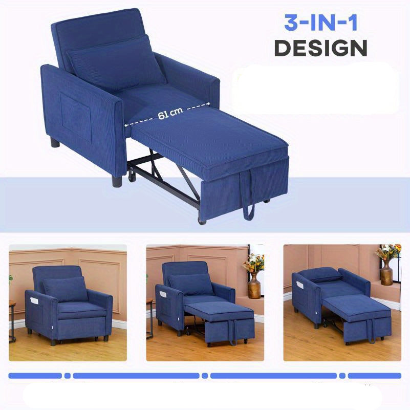 3-in-1 Fauteuilbed – Opvouwbare Stoel – Relaxfauteuil – Slaapstoel – Verstelbare Ligstoel – Verstelbare Rugleuning – Stevige Lendensteun – Duurzaam Polyester – Blauw – Met Zijzakken