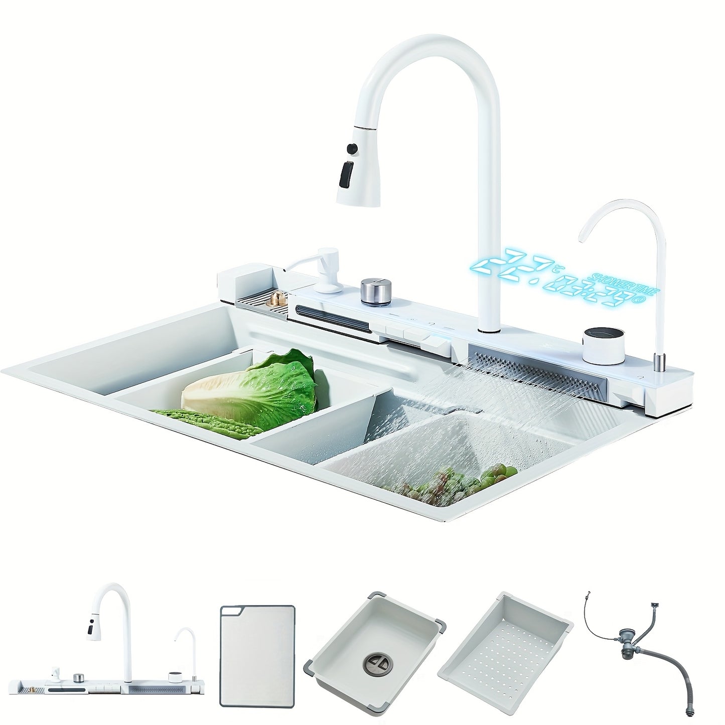 Waterval Keukenspoelbak – Keukenspoelbak – Spoelbak – Keukensink – Wastafel – Wit – Dubbele Afvoer – Digitale Watervalkraan