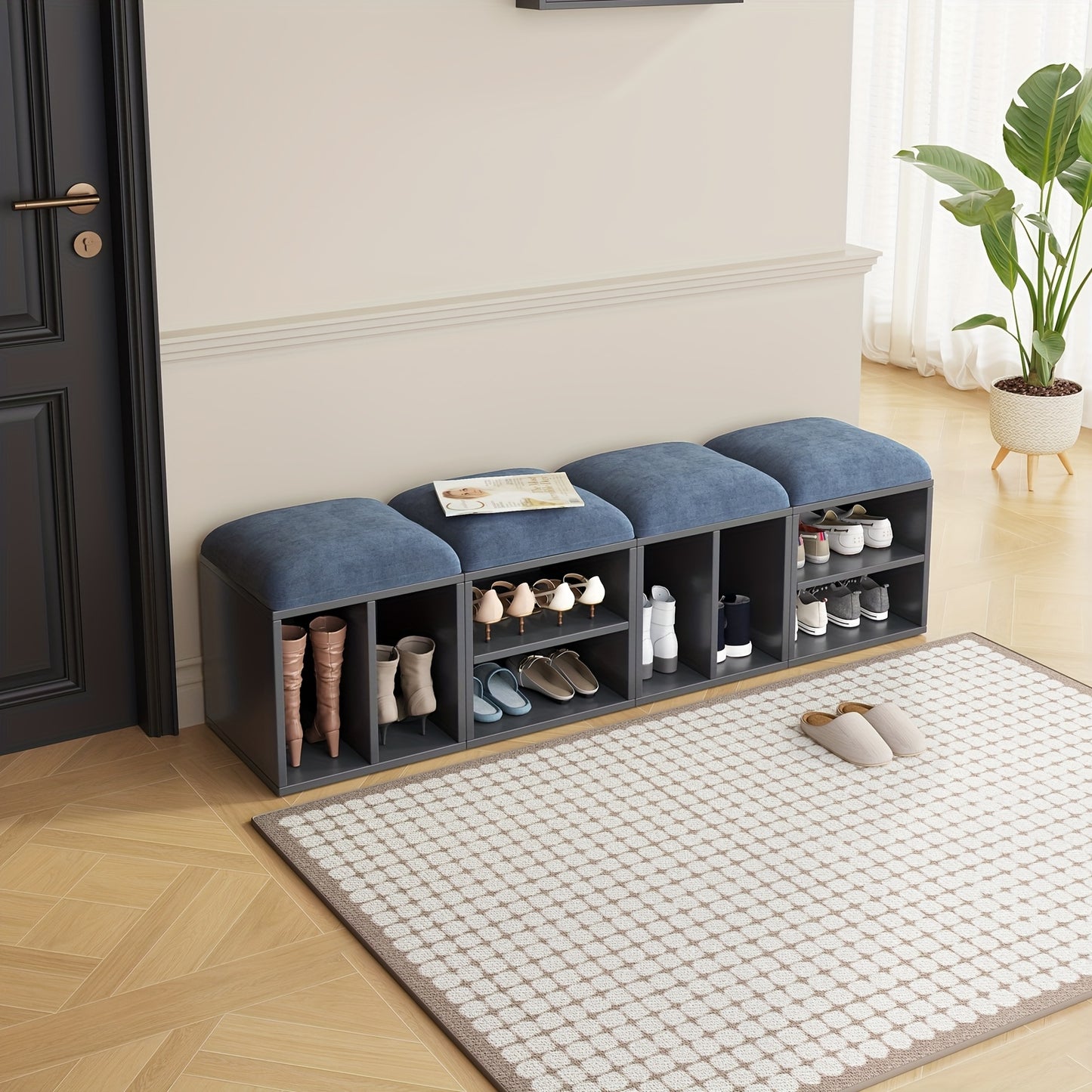 Schoenenbank – Schoenenkastje – Schoenenopberger – Schoenmeubel – Schoenenrek – Hout en Kunststof – Comfortabele Zitting – Compact & Ruimtebesparend - Grijsblauw
