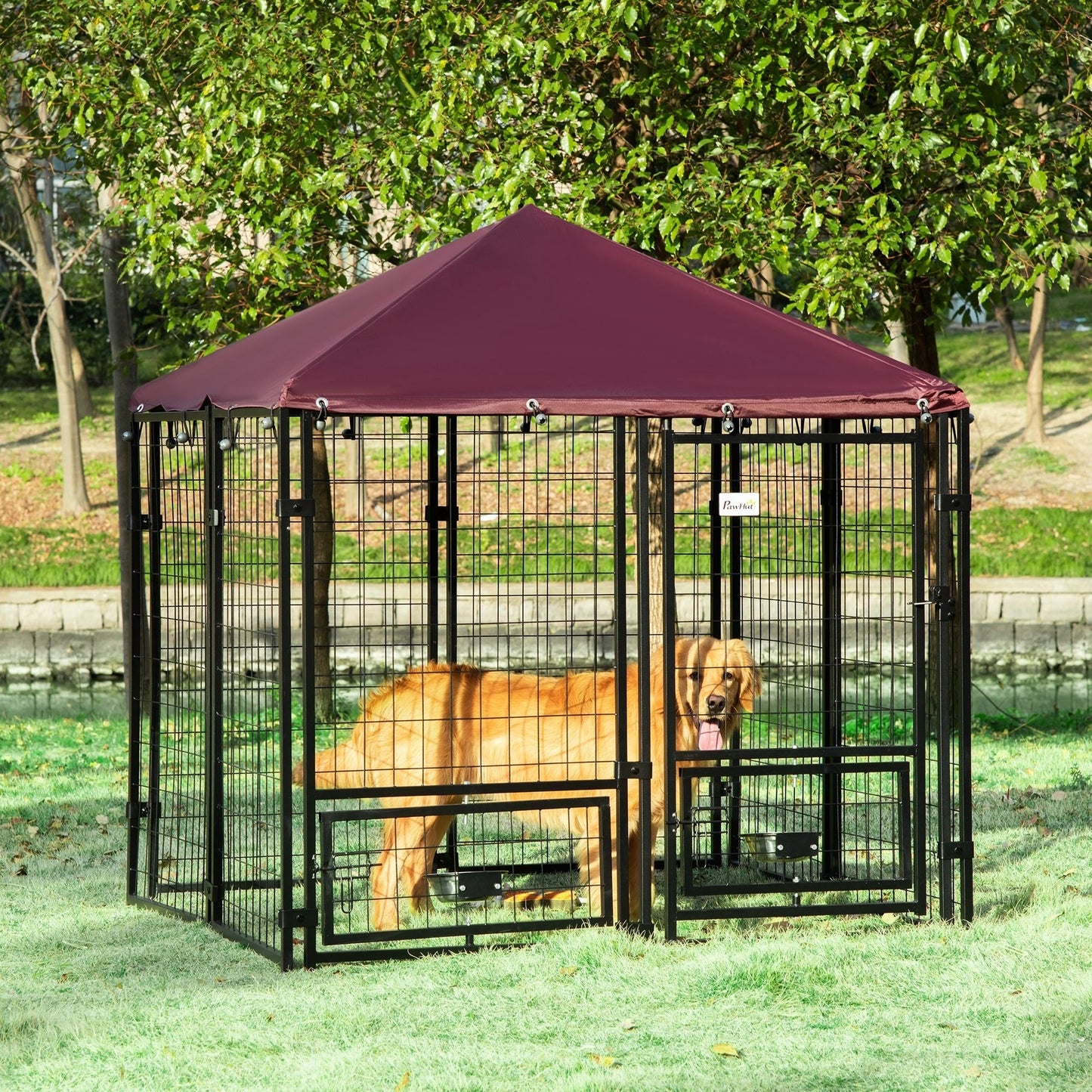 Hondenhok – Hondenren – Kennel – Hondenkooi – Buitenren – Roestvrij Stalen Frame – Waterbestendig Oxford Dak – 141x141x153 cm – 2 Roterende Voerbakken