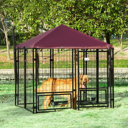 Hondenhok – Hondenren – Kennel – Hondenkooi – Buitenren – Roestvrij Stalen Frame – Waterbestendig Oxford Dak – 141x141x153 cm – 2 Roterende Voerbakken