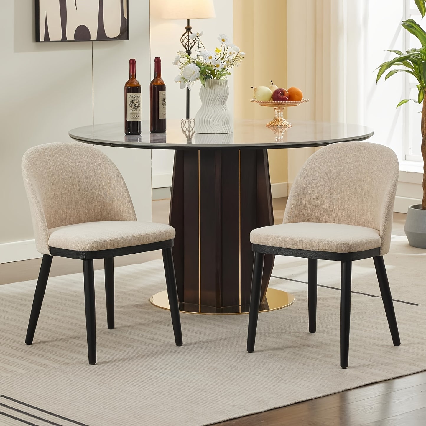 Set of 2 Modern Dining Chairs - Heavy-Duty MDF & Wood Legs, High Back Design with Deep Seat Cushioned - Elegant Contemporary Kitchen/Restaurant Chairs for Home, Office, or Commercial Use - Easy-Clean Fabric Upholstery, Home D