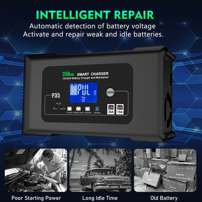 Acculader – Batterijlader – Batterijoplader – Lithiumlader – Druppellader – 35A 12V/18A 24V – Slimme LiFePO4 Onderhoudsfunctie – Overladingsbeveiliging