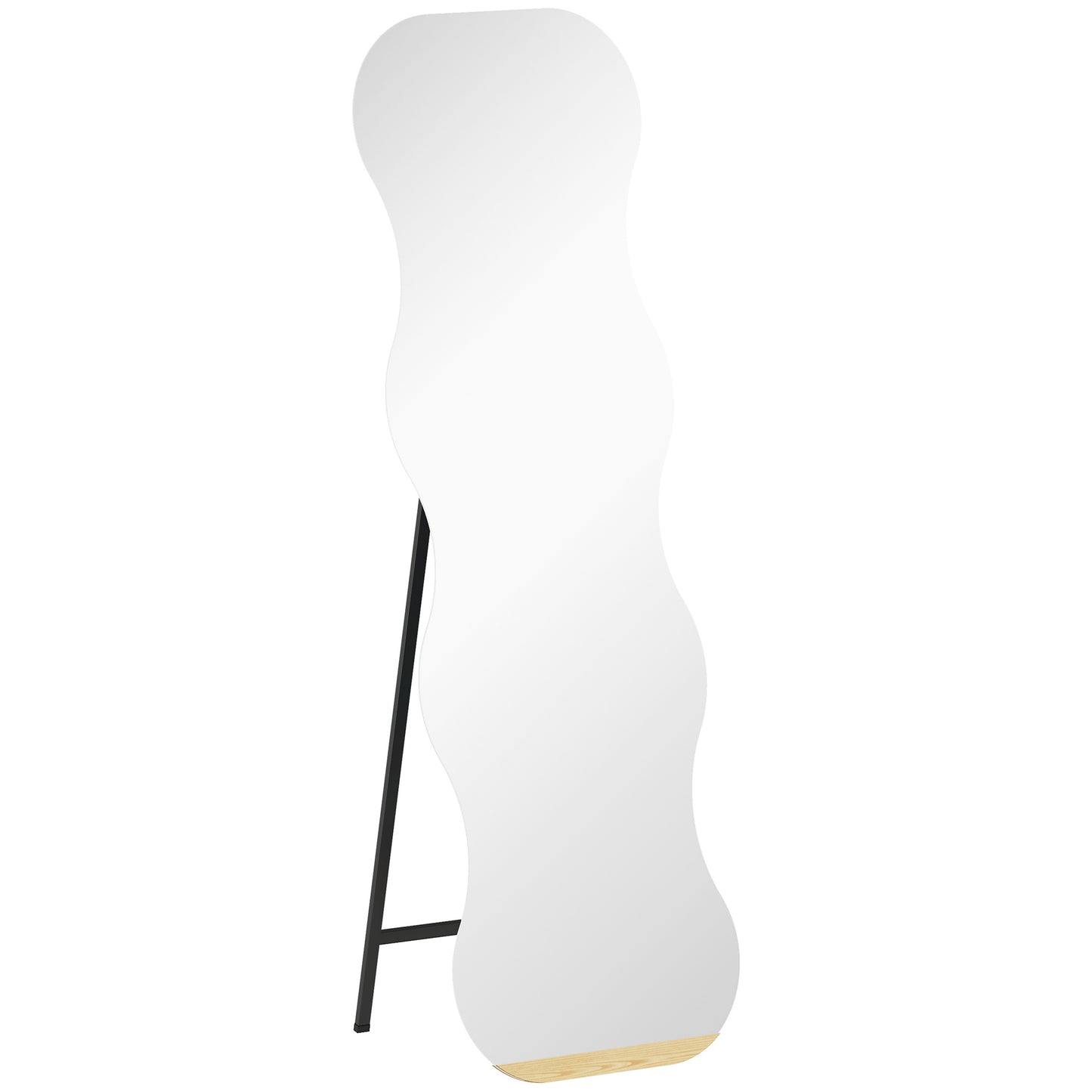 Ganzkörperspiegel – Full Length Spiegel – Staande Spiegel – Wandspiegel – Zwarte Spiegel – Houten Basis – Golvend Design – Zonder Frame – Flexibel Plaatsbaar