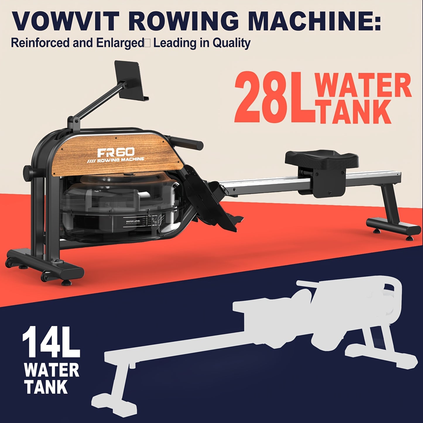 1 VOWVIT Rowing Machine for Home | 28L Water Tank, LED Monitor, Adjustable Tablet Holder, Aluminum Alloy, Max User Height 200 cm, Without Battery