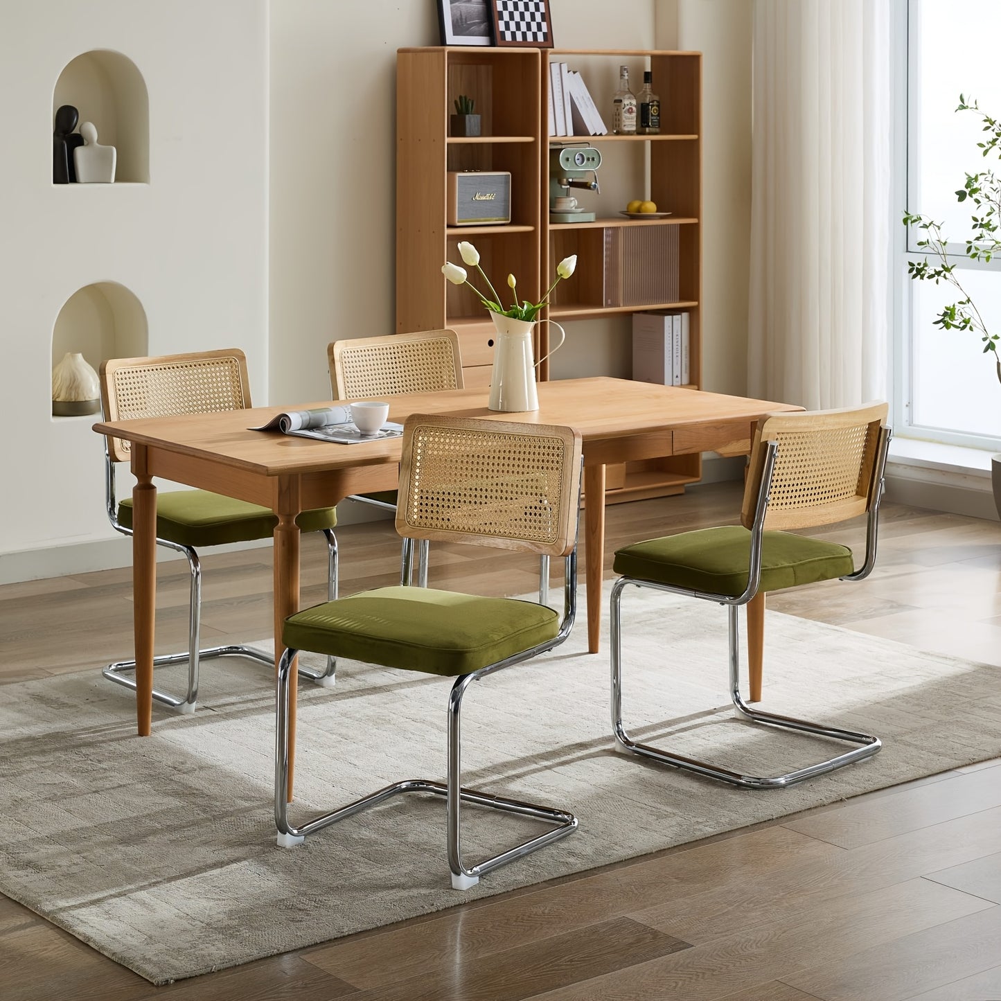 Two-piece Medieval-modern Dining Chair Set | Velvet Upholstered Seats, Natural Rattan Backrests, Stainless Steel Chrome-plated Base in Olive Green, Classic Style, Spot-clean Care