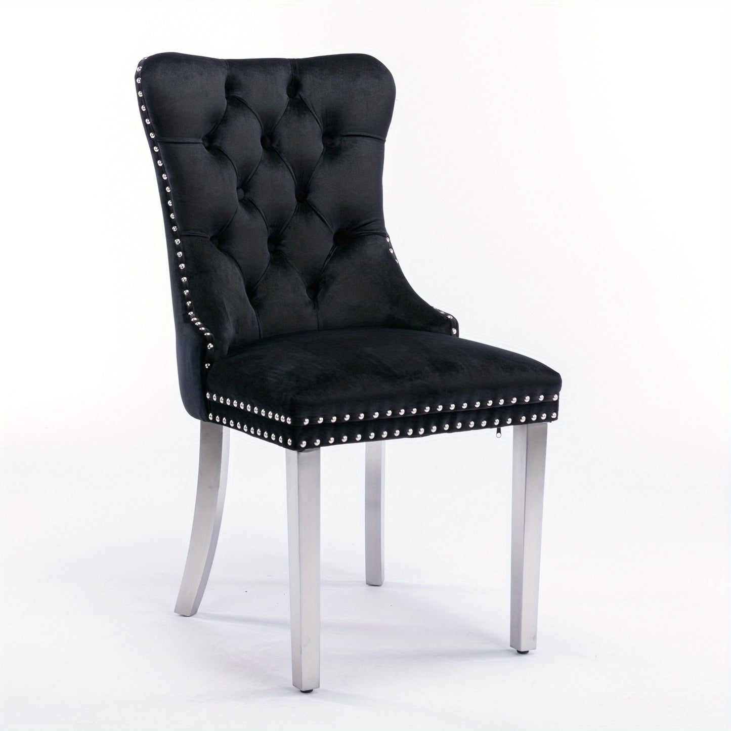 Set of 2 Modern Luxury Tufted Dining Chairs - Solid Wood Frame with Black Velvet Upholstery, Chrome Legs & Nailhead Trim, Plush Cushioned Seats with High Backrest & Curved Arms - Heavy-Duty Contemporary Design for Elegant Din