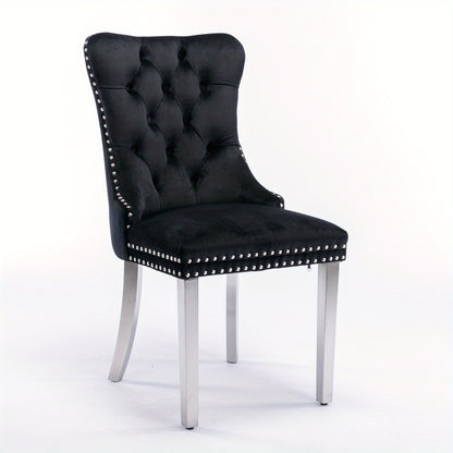 Set of 2 Modern Luxury Tufted Dining Chairs - Solid Wood Frame with Black Velvet Upholstery, Chrome Legs & Nailhead Trim, Plush Cushioned Seats with High Backrest & Curved Arms - Heavy-Duty Contemporary Design for Elegant Din
