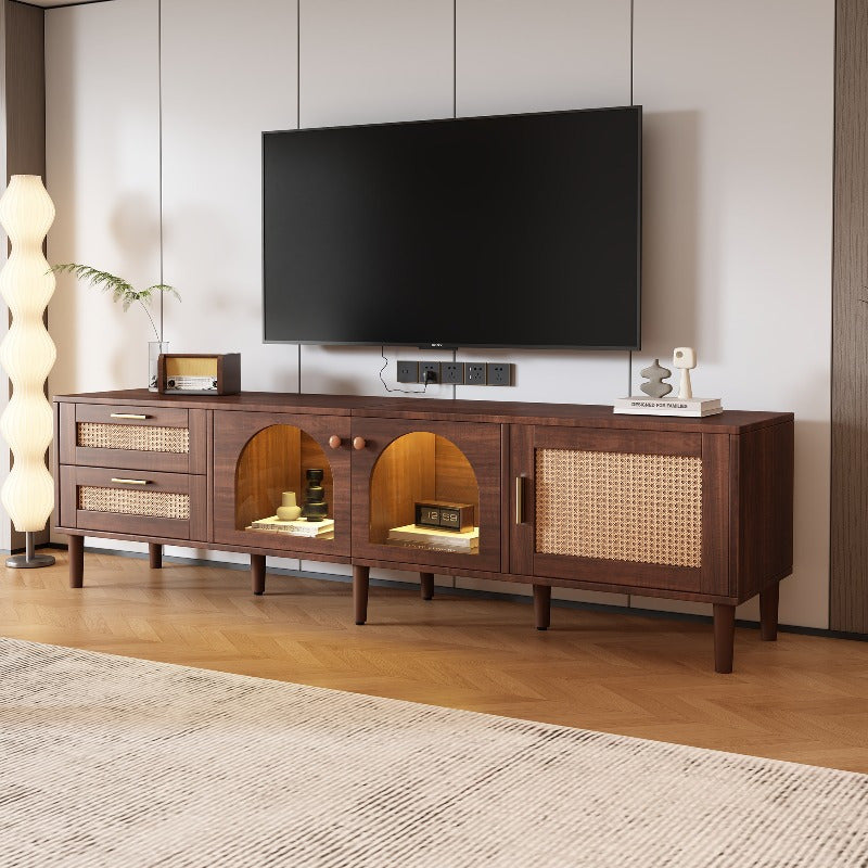 180cm TV Meubel – Tv Stand Living Room – Meubel Tv Met Rattan Lades – Tv Kast Met Glasdeuren – Entertainment Center – Metaal Frame – Stijlvol Design