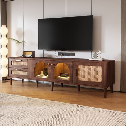 180cm TV Meubel – Tv Stand Living Room – Meubel Tv Met Rattan Lades – Tv Kast Met Glasdeuren – Entertainment Center – Metaal Frame – Stijlvol Design