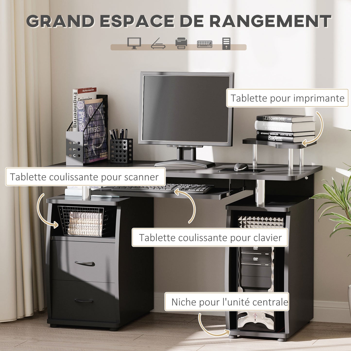 Computerbureau – Bureau – Werkplek – Schrijftafel – Bureau met Opbergruimte – Zwart – 120x55x85 cm – Veelzijdige Opbergruimte – Geïntegreerd Kabelbeheer