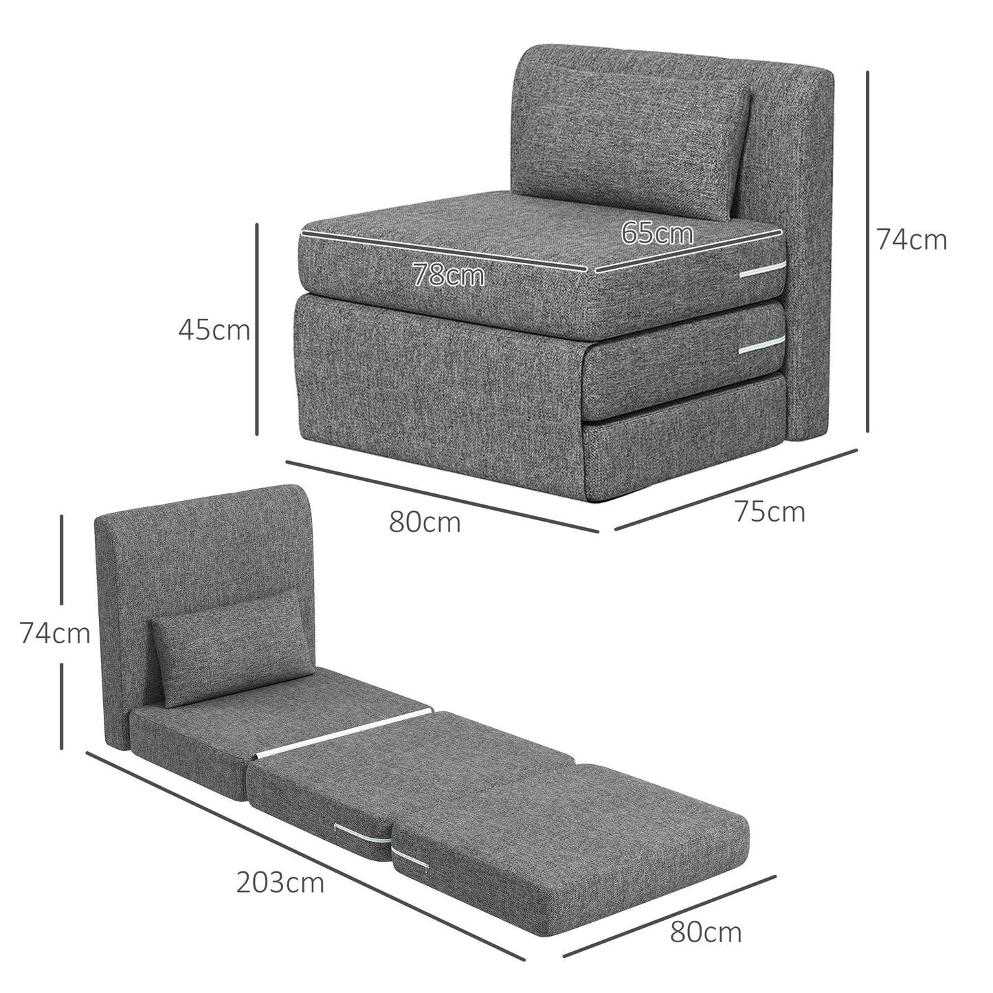 Slaapstoel – Guestbed – Slaapfauteuil – Logeerbed – Opklapbed – 3-Voudig Opvouwbaar – Stevig Metalen Frame – Compact Grijs Design – 80x75x74 Cm