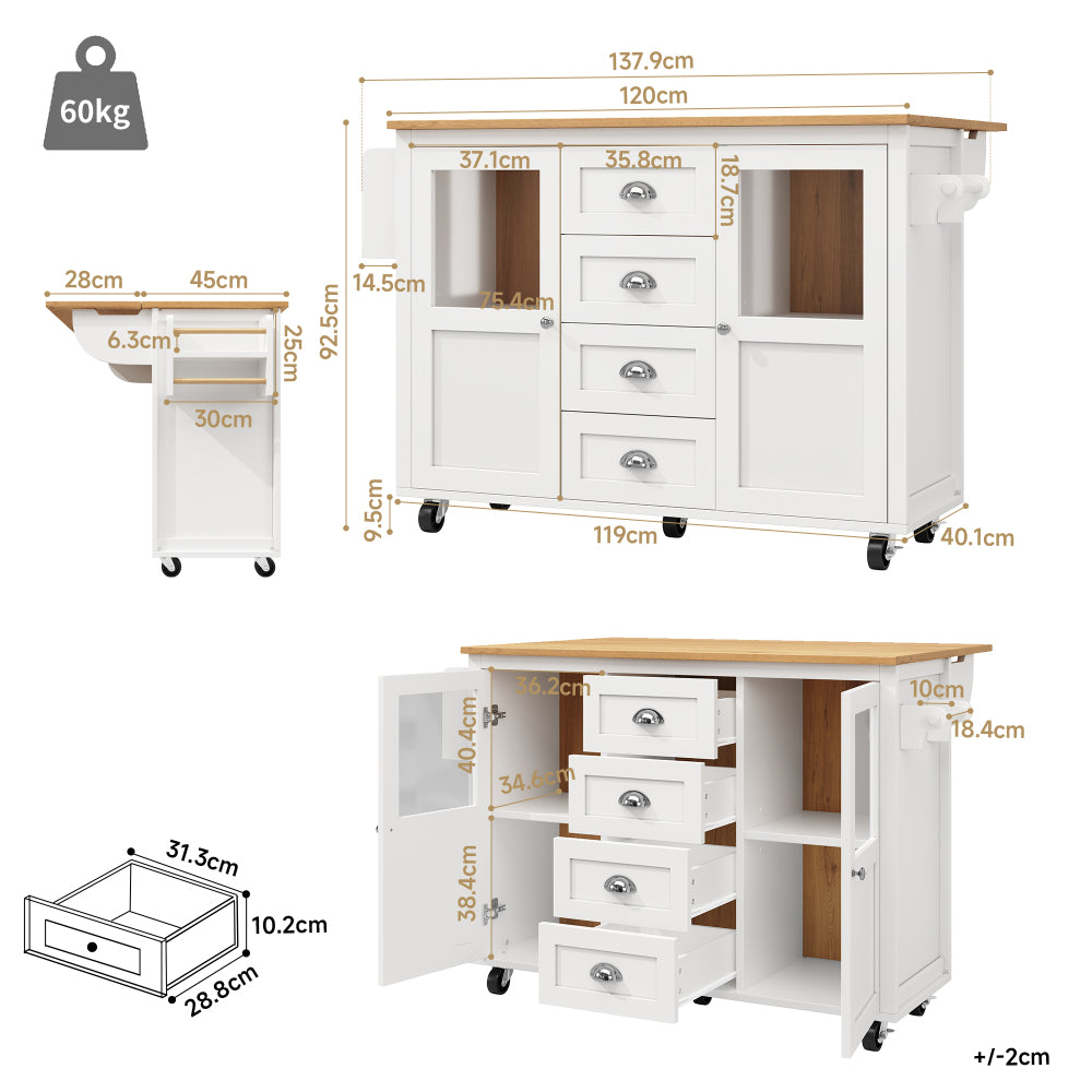 White Mobile Kitchen Island Cart with 4 Drawers, 2 Doors & Adjustable Shelves - Heavy-Duty Metal Frame on Locking Casters, Pull-Out Trolley, Spice Rack & Towel Rail - Compact Rolling Cabinet for Small Spaces, Easy Assembly (N