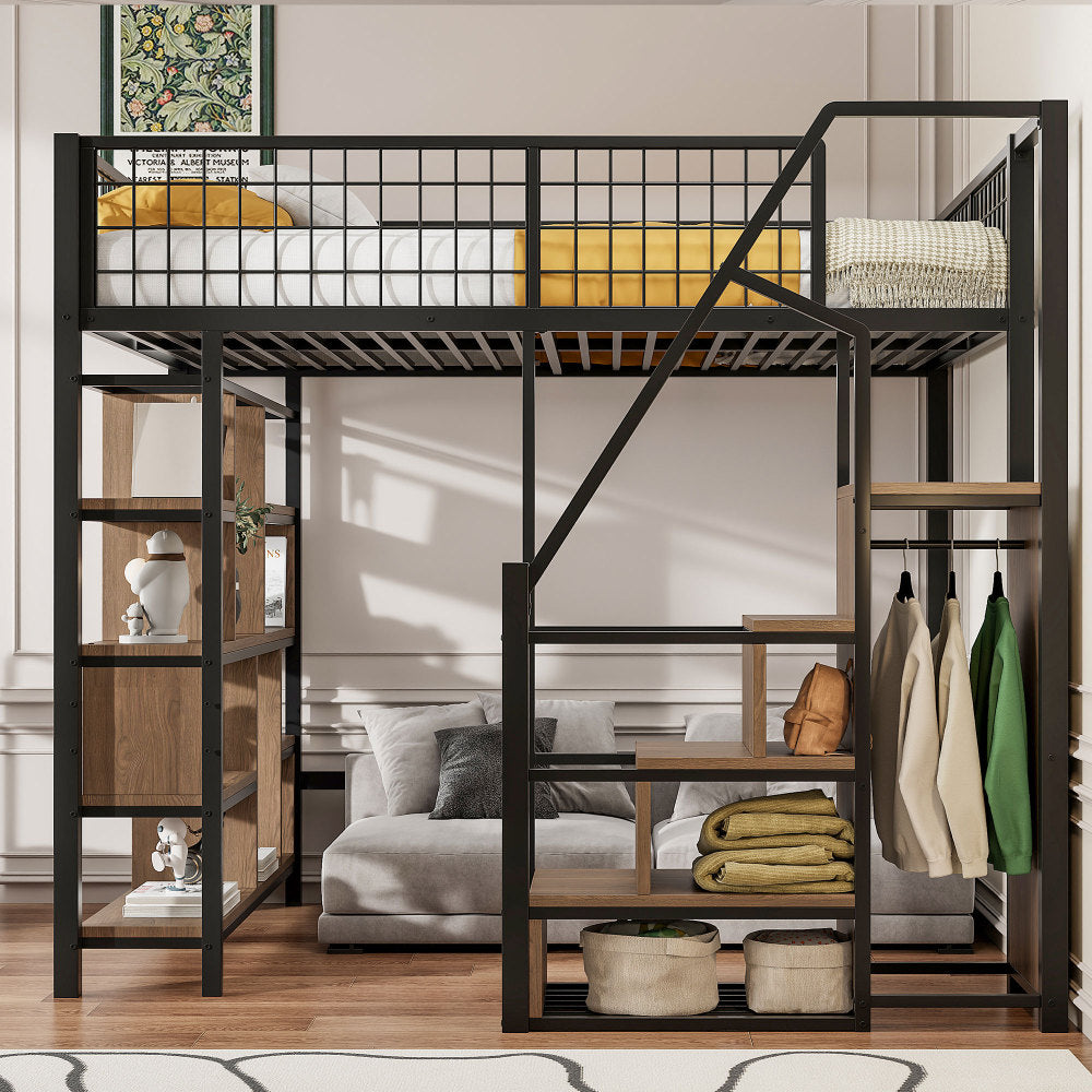 Bed – Bedframe – Bedden – Slaapbed – Stapelbed – Zwart – Metalen Frame – Opbergruimte – Trap – 140 x 200 cm