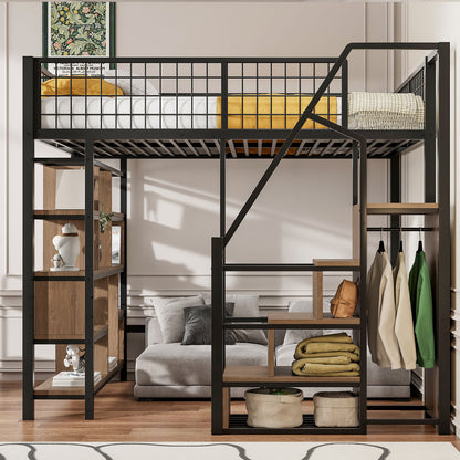 Bed – Bedframe – Bedden – Slaapbed – Stapelbed – Zwart – Metalen Frame – Opbergruimte – Trap – 140 x 200 cm