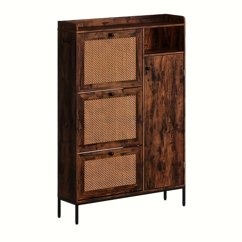 Schoenenkast – Schoenenrek – Schoenenopberger – Halmeubel – 3 Lades Met Rieten Front – Verstelbare Planken & Metalen Knoppen – Smal Vrijstaand Design – Vintage Stijl