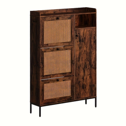 Schoenenkast – Schoenenrek – Schoenenopberger – Halmeubel – 3 Lades Met Rieten Front – Verstelbare Planken & Metalen Knoppen – Smal Vrijstaand Design – Vintage Stijl