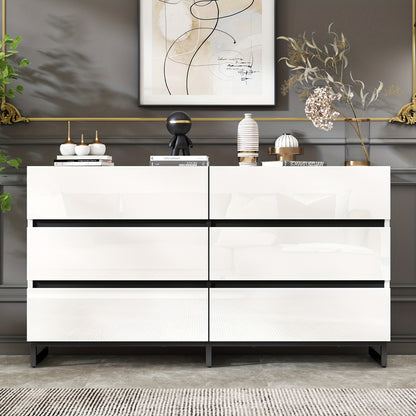 Sideboard – Dressoir – Kast – Opbergmeubel – Vitrinekast – Zwart-Wit – Duurzaam Bamboe – 6 Lades – Hoogglans Afwerking – Ruime 3,2 Kubieke Voet – Stabiele Metalen Poten – Vrijstaand