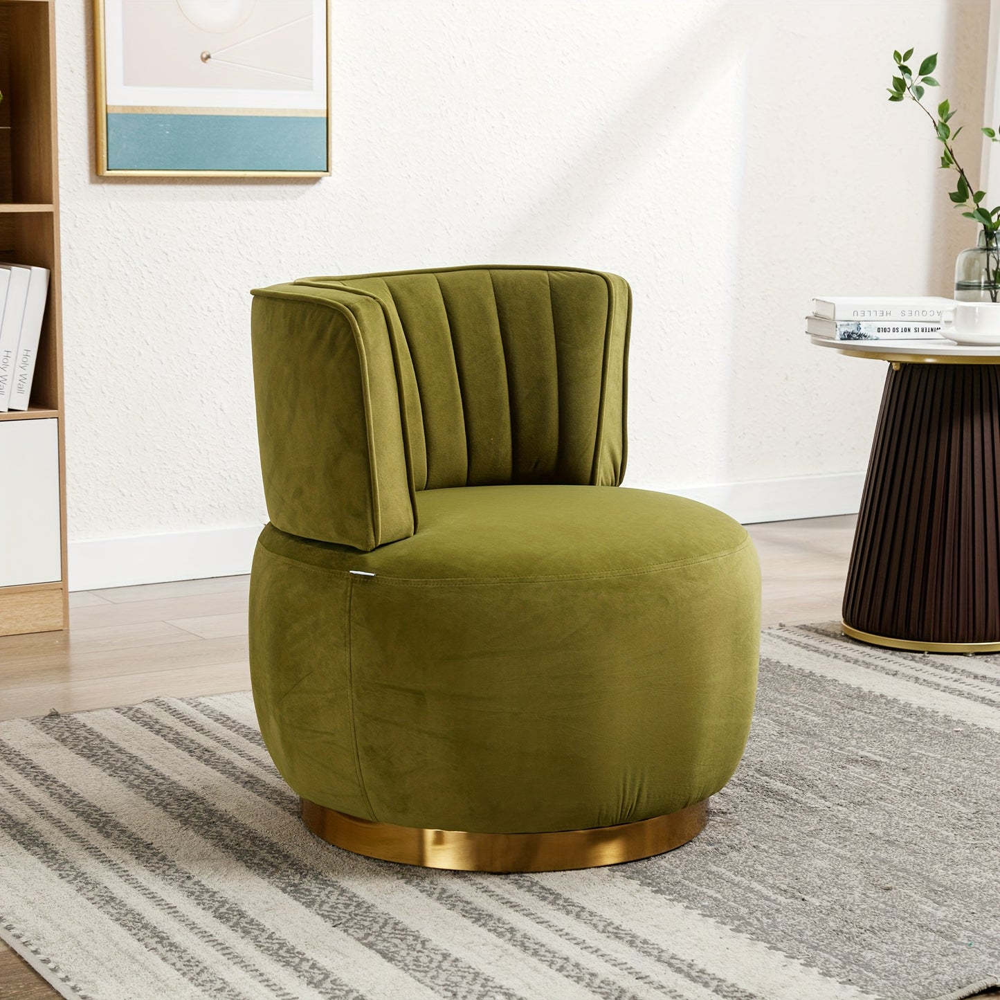 360 Degree Modern Swivel Chair Round Swivel Chair Soft Velvet Finish Comfortable Backrest Stable Structure Living Room Chair Shell Chair Suitable For Living Room Bedroom Study Room, Olive Green