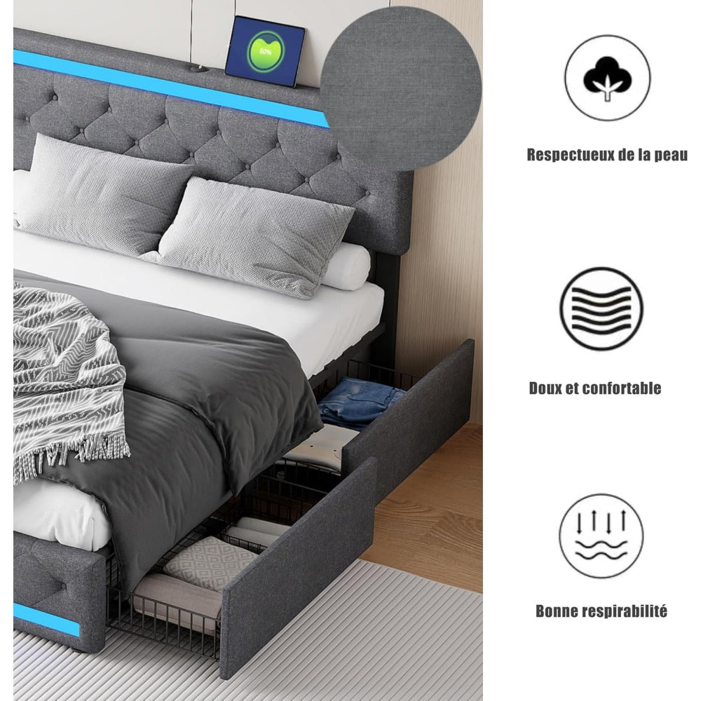 Gestoffeerd Bed – Tweepersoonsbed – Bed met Opbergruimte – Led Bed – Bed met Usb Poorten – 180x200 cm – Ingebouwde LED-Verlichting – 4 Verrijdbare Lades