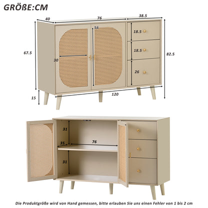 BTM Sideboard Storage Cabinet 120X40X82.5Cm, Off-White Cream with Rattan Fronts, 2 Doors & 3 Drawers, Wood Look, Modern Design for Living Room & Dining Room