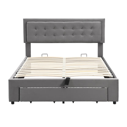 Padded Bed 140190 with Slatted Box Spring And Headboard Storage Bed Hydraulic Padded Double Bed with 2 Drawers Support for Gray Velvet Wood