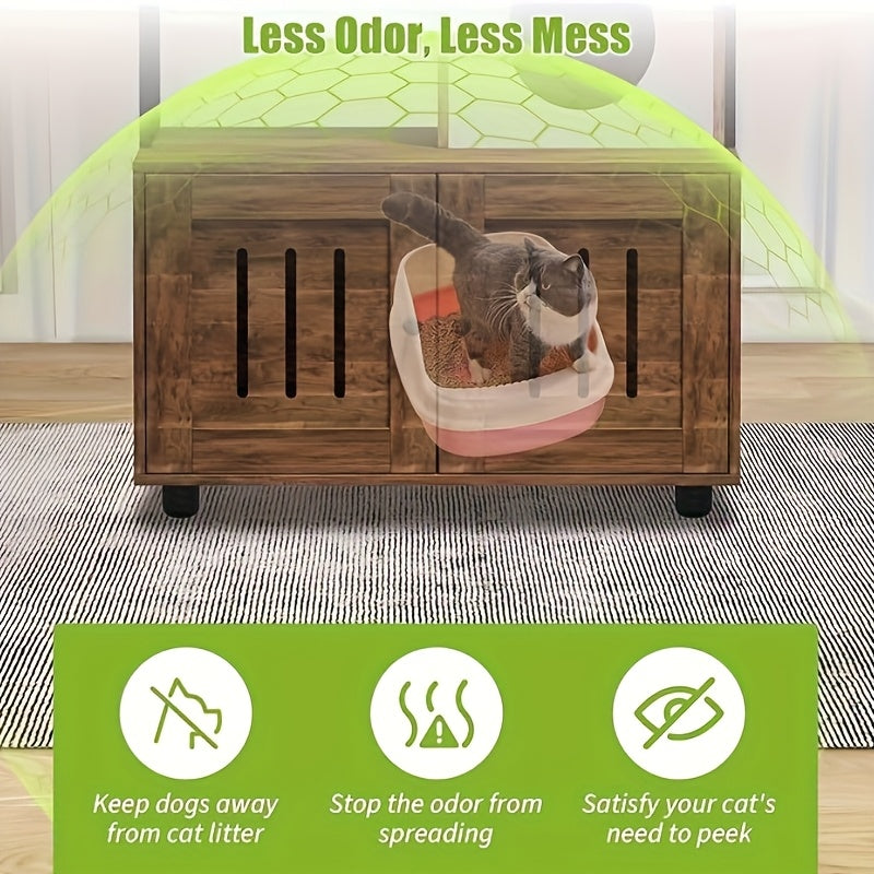 Multi-Level for cat Cabinet with Litter Box Enclosure, Metal Shelves, Hanging Bed & Play Ball - Double Door for cat House with Hidden Litter Box, Spacious for cat Cave with Entrance Tunnel - Sturdy Modern Design for Indoor fo