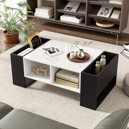 Salontafel – Koffietafel – Tafel – Woonkamertafel – Tafeltje – Modern Design – Hoogglans Zwart-Wit – 105x60x40,5 cm – Hardhout – 2 Lades & 4 Open Vakken
