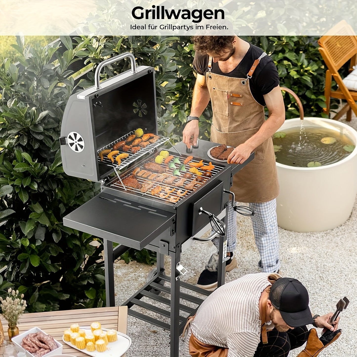 Houtskoolbarbecue – BBQ Grill – Smoker – Buitenbarbecue – Tuinbarbecue – Dubbel Grilloppervlak – Ingebouwde Thermometer – Verstelbare Houtskoolbak – Wielen Met Rem – Robuuste Metalen Constructie