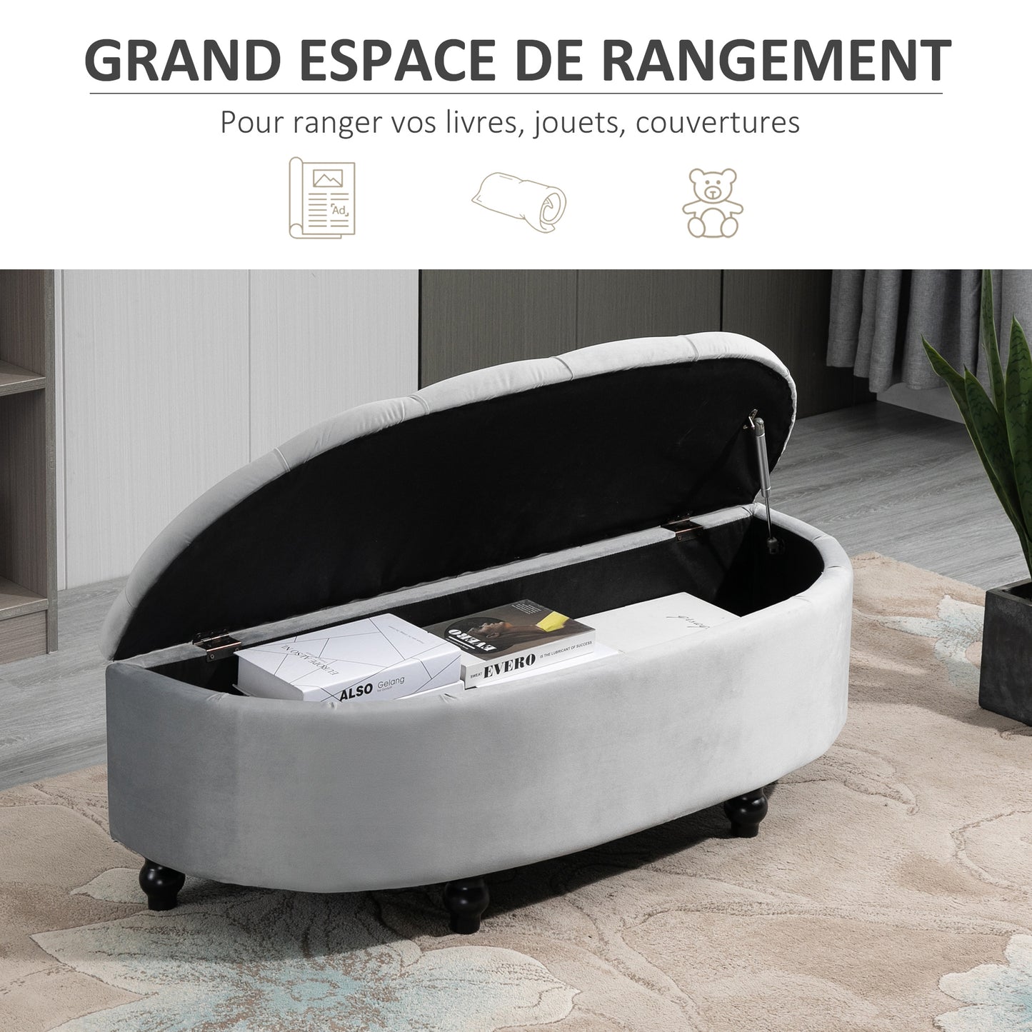 Poef – Opbergbank – Hocker – Voetenbank – Opbergpoef – Halfrond Design – Zacht Grijs Velvet – Zwarte Rubberhouten Pootjes