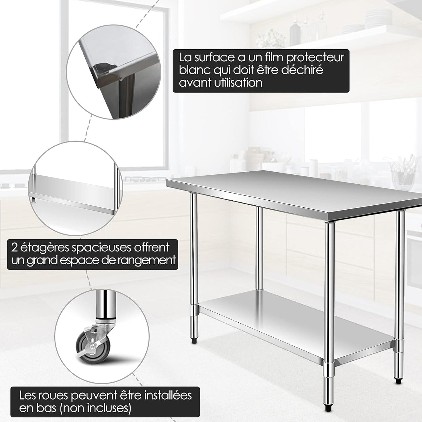 Werkbank – Werktafel – Werkblad – Werkruimte – Werkplek – RVS – 2 Planken – Verstelbare Onderplank – 91,5x61x90 cm – Max. 150 kg belasting