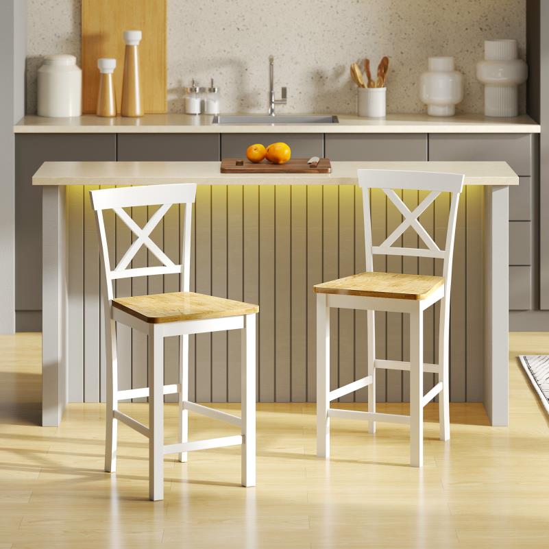 Barstoel – Barkruk – Barstoel Kruk – Barkrukken Set – Barstoel Met Rugleuning – Ergonomisch Crossback Ontwerp – Massief Rubberhout Wit/Naturel